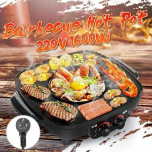 Electric 1600w 2 in 1 Hotpot Oven Grill BBQ Teppanyaki Smokeless Hot-