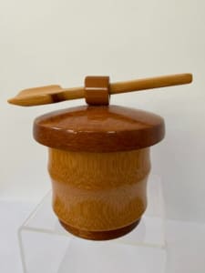 Vintage Hand Crafted Bamboo Sugar Bowl / Jam Pot with Lid & Spoon