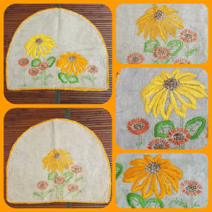 Retro Hand Embroidered Linen Tea Cosy,Embroidery,Linen,Tea Pot Cover.