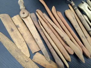 Antique Set of Brass, Wood & Metal Sculpture Tools in Antique Wood Box