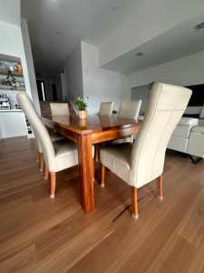 Timber dining table and leather chairs for sale ($4K for new one)