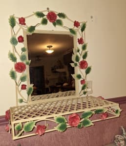 Shabby chic metal wall mirror with shelf, 4 hooks and metal roses.