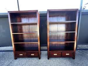 2 Excellent solid teak wood bookcase with 4 shelves 2 drawers