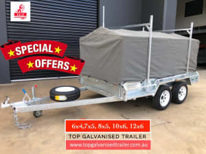 10x5 Tandem Trailer Galvanised with 900mm Cage, Canvas Cover, 2t ATM
