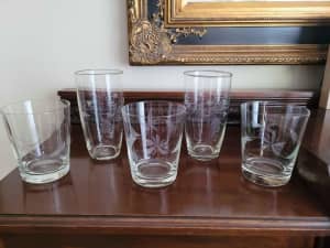 5 Etched Glasses - $6 the lot