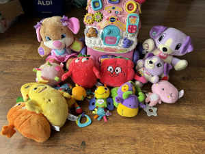 Bundle of toys including interactive toys, walker & night light