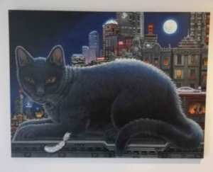 Artwork, original oil painting black cat in city landscape