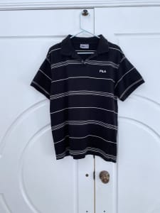 Size L Large Mens Polo Shirt FILA Black & White Stripes Cotton Classy 