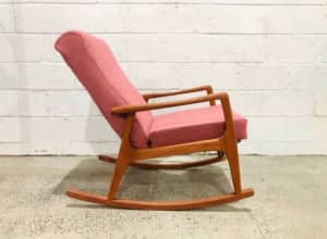 1970s Mid Century Modern Teak Rocking Chair in Wool