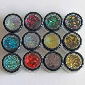 Loose Glitter Flakes, 12 Assorted Colours in 4g Clear Pot