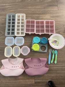 Baby feeding items- bibs, storage containers, spoons, etc