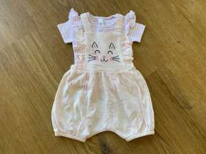 Girls Ribbed Stripy Top & Short Overalls - Size 000 (0-3m) - NEW