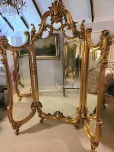 Vintage Louis French Gilt Gold Mirror Modesty Screen - Room Divider
