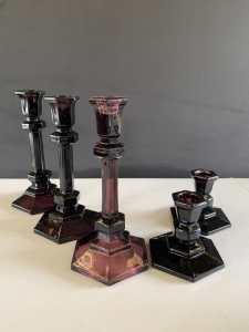 Purple Glass Candle Holders (5) Perfect condition 19cm (3), 8cm (2).