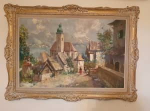 Enchanting Austrian Village, Vintage Oil Painting, by F. Klaiberg