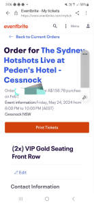 Sydney hot shots Gold seating VIP tickets cessnock pedeans 24/of may