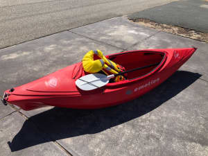 Red 3m sit in kayak with paddle and life jacket