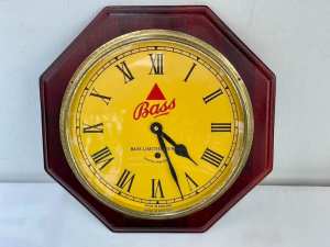 Vintage BASS Beer Glass Covered Wood Case Bar Pub Wall CLOCK England