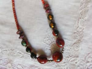 Wooden painted bead necklace silver spacers clasp 50cm