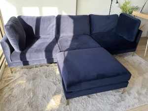 Castlery Blue Velvet Adams Couch with Ottoman
