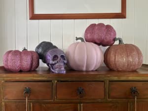 Halloween Decorations- sparkly pumpkins and skeleton candle