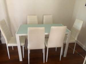 Dining table with chairs, coffee table, 2 seater sofa