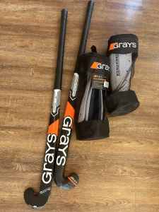 2x Grays hockey sticks size 36.5 + 2x pair shin pads