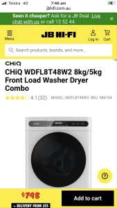 Chic 8kg/5kg washer dryer combo. 8 weeks old like new