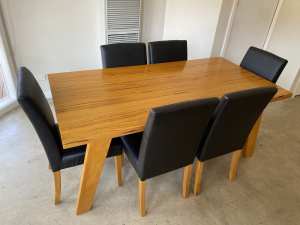 Dining Dinner Table Solid Wood Seats 6+6 Black Faux Leather Chairs