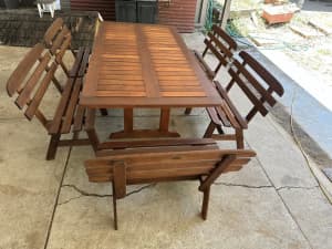 Outdoor wooden dining set with 5x bench seats
