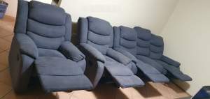 Grey fabric 3 seat recliner and 2 one seat recliners