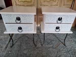 pair of white // 2 drawer timber bedside tables with black metal legs