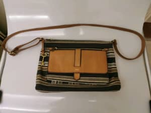 Fossil hand bag sling bag real leather and woven fabric