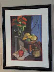 Vintage pastel painting depicted fruits and flowers. Signed: Faye Owen