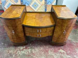 Lovely art deco maple dresser with Amber handles and trifold mirror