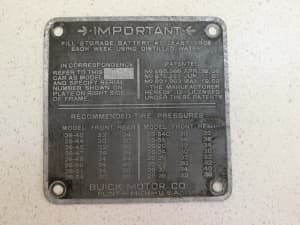 Buick Car Information Plate Model 26 1926