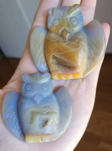 2 x Natural Candy Agate Stone Gemstone OWL Couple Wedding Relationship