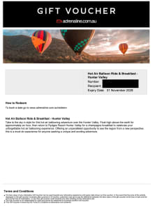 $1116 2adult 2child Adrenaline e-voucher w hotair balloon lockin price
