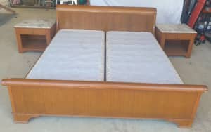 king size bed frame and base with marble top side tables. SOLD