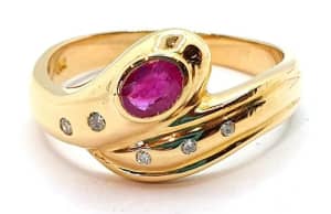 18ct Yellow Gold Created Ruby & Diamonds Snake Ring - Size O *223220