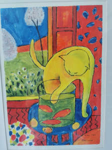 Hand Painted Henti Matisse the cat with red fish. (frame not included)