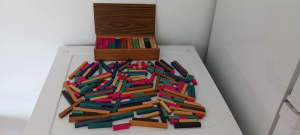 VINTAGE COMPLETE 3 TIER CUISENAIRE RODS IN WOODEN BOX & 166 EXTRA RODS