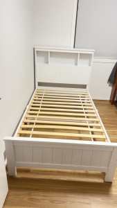 King single wood bed with book storage