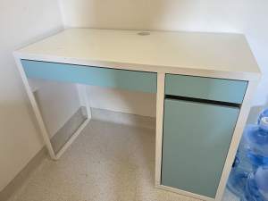 Ikea blue white study table with drawers and cupboard.