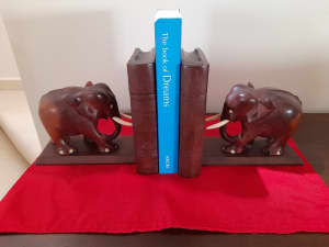 ELEPHANT BOOK ENDS SOLID WOOD HAND CARVED