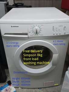 Free delivery Simpson 8kg front load washer 3.5Energy Stars,Works fine
