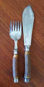 Antique Mid-Victorian Fish Server Set with Stag Horn Antler Handles