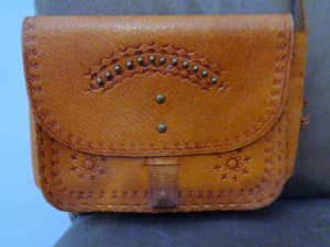 Hand Tooled Genuine Leather Handbag 70s Vintage Boho Adjustable Strap