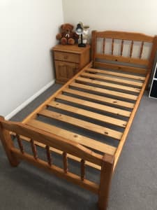 Pine single bed, bedside table and mattress