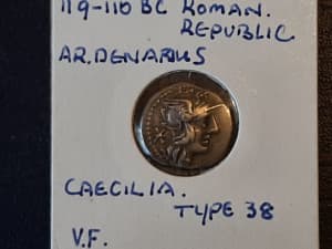 ROMAN REPUBLIC COIN AR DENARIUS 119-110 BC CAECILIA TYPE 38 VF